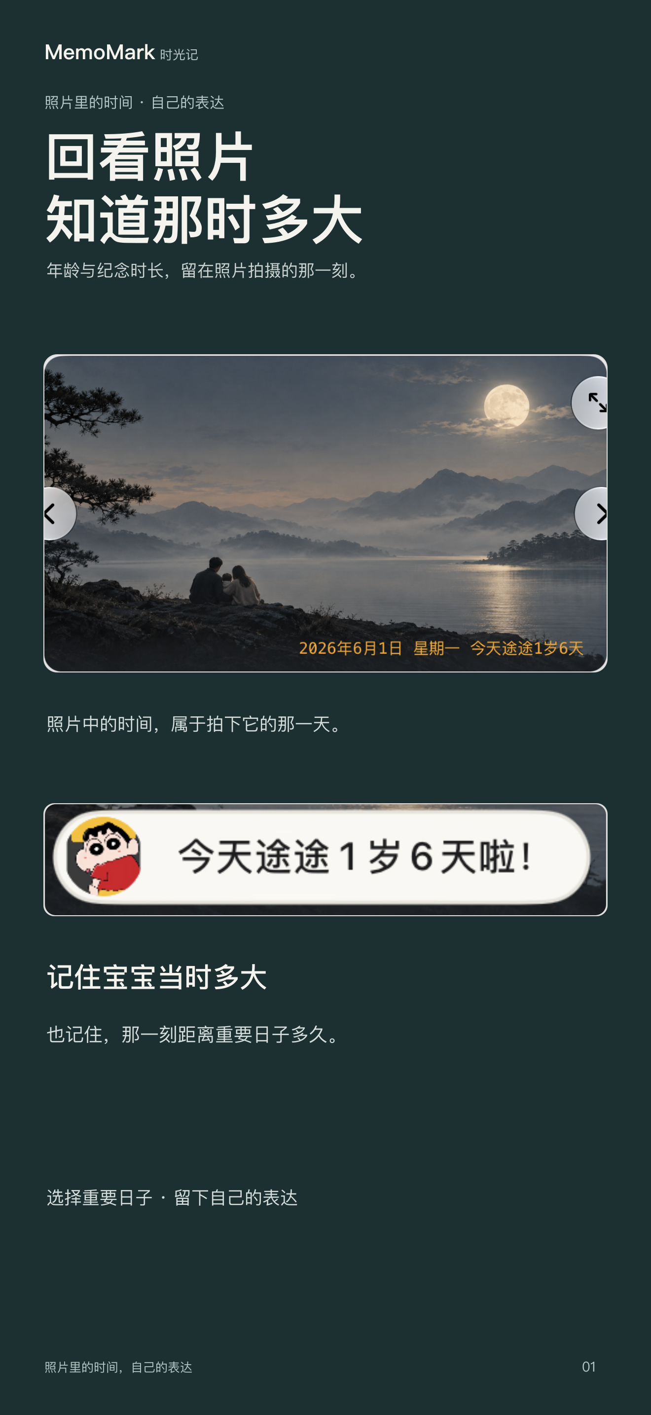 MemoMark 胶片时间的实际预览局部：月夜湖畔的家庭背影，照片上记录着拍摄日期与当时的年龄。